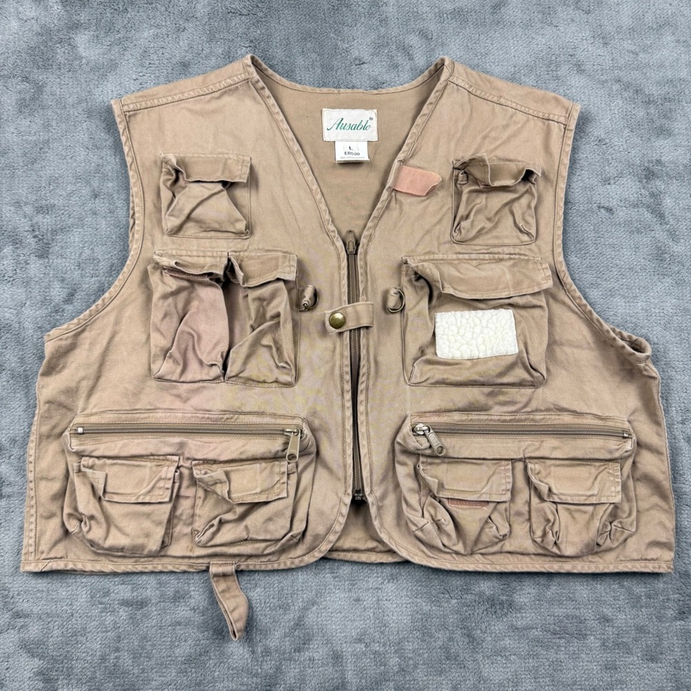 Ausable Fishing Vest Mens Large Tan Cotton Multi Pocket Utility Fishing ER500